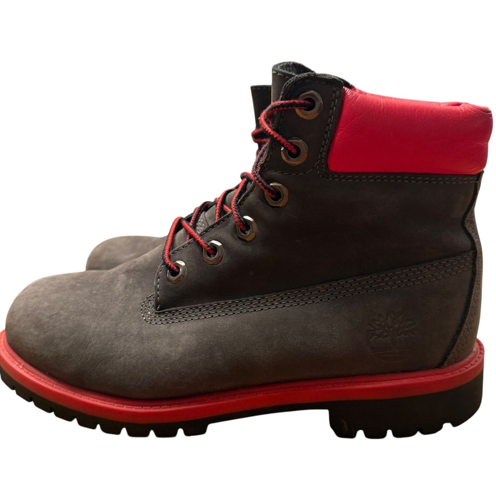 Timberland 6″ Premium Waterproof Boots Youth 5Y (Women's 6.5-7) Gray/Red 3396R